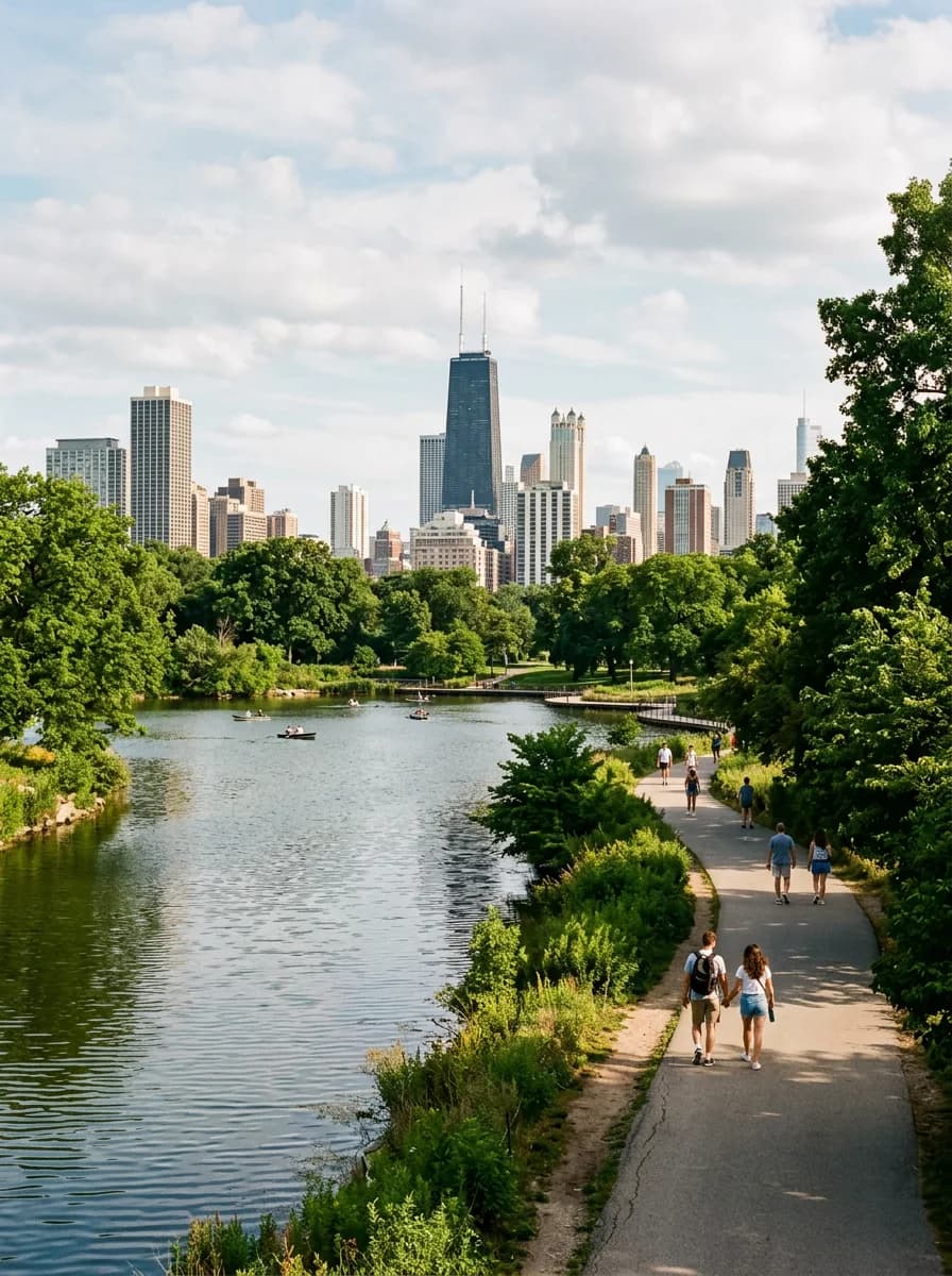 Laguna de Lincoln Park con el skyline detrás