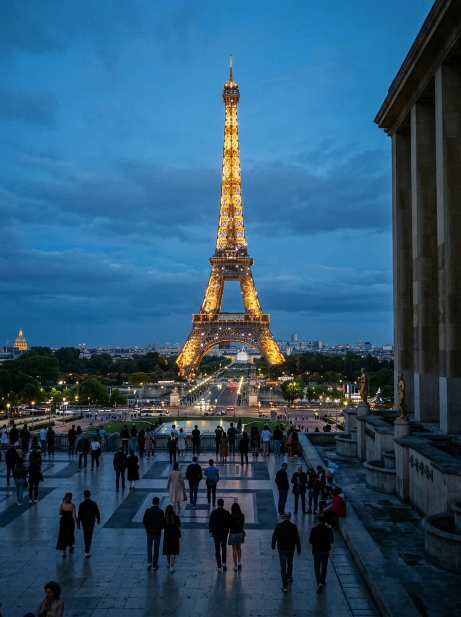 La Torre Eiffel desde el Trocadéro al anochecer