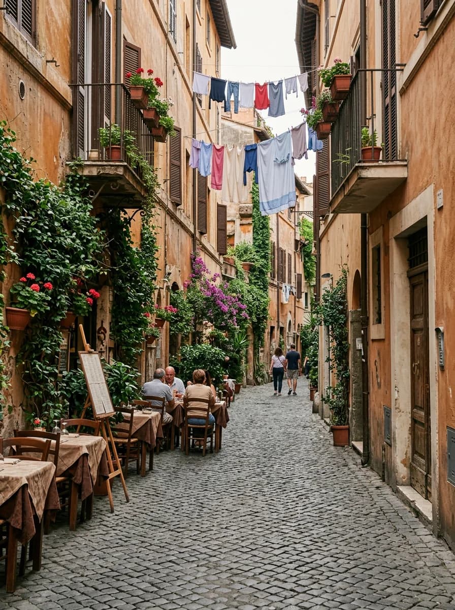 Callecita empedrada de Trastevere con ropa colgada